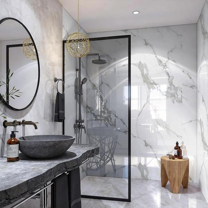 Marble Peel and Stick Waterproof Wall Paneling, 118" x 47" Carrara White Glossy Finish Self-Adhesive Backsplash Tile Vinyl Wall Panel for Kitchen Bathroom Wall Decor, Covers 38.75 Sq. Ft.