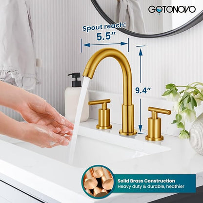 gotonovo 3 Hole 2 Handles Lavatory Basin Bathroom Sink Faucet with Pop Up Drain with Hot and Cold Mixer Valves 8 Inch Widespread Bathroom Faucet Dark Gold