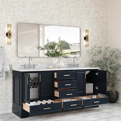 ARIEL Stafford 72-inch Bathroom Vanity with Sink,Solid Wood, 0.75-inch Italian Carrara Marble Countertop, Double Rectangular Porcelain Sink, 4 Soft Closing Doors, 6 Dovetail Drawers, Midnight Blue