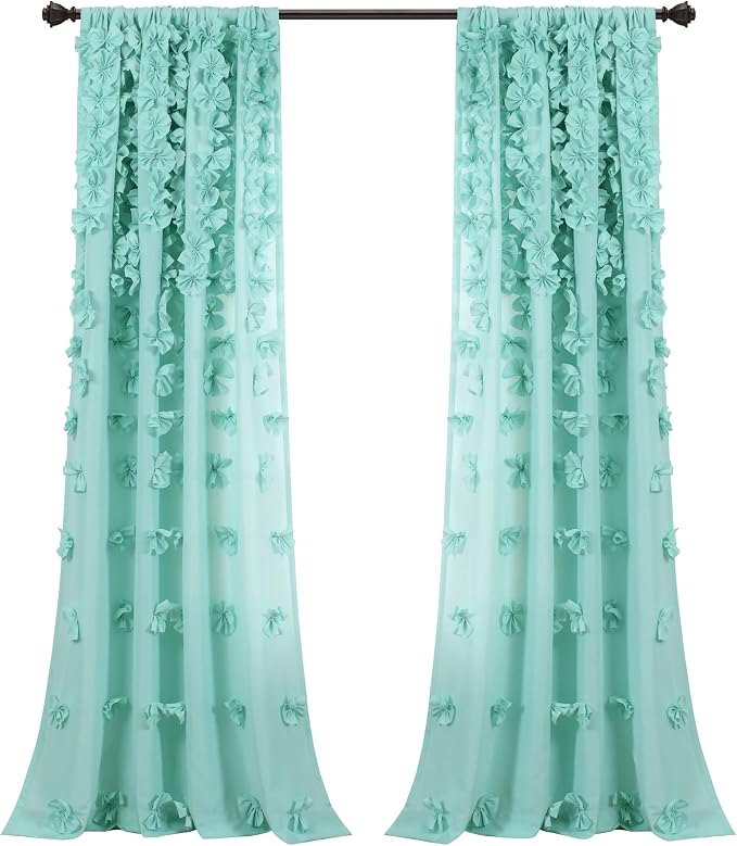 Lush Decor Riley Light Filtering Window Curtain Panel, Single 54" W x 84" L, Aqua - Cute Blue Curtains for Bedroom - Bow Decor - Coquette Curtains for Windows