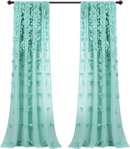 Lush Decor Riley Light Filtering Window Curtain Panel, Single 54" W x 84" L, Aqua - Cute Blue Curtains for Bedroom - Bow Decor - Coquette Curtains for Windows