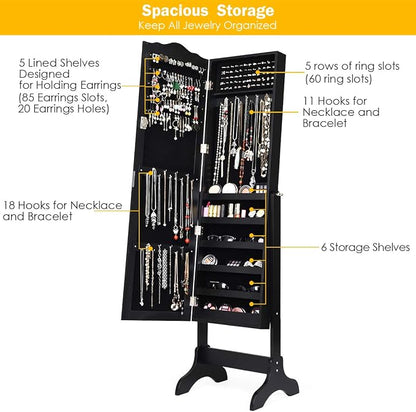 Giantex Jewelry Cabinet Armoire Lockable with Mirror, Standing Full Length Mirror with Jewelry Cabinet, 3 Adjustable Angles, Jewelry Organizer Storage Box Birthday Christmas Gifts (Black)