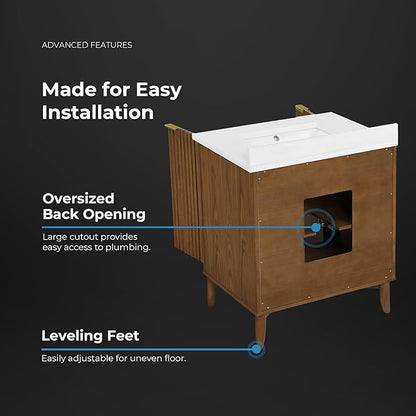 OVE Decors Indy 30 in. Undermount Single Sink Bathroom Vanity with White Engineered Marble Top, Warm Walnut