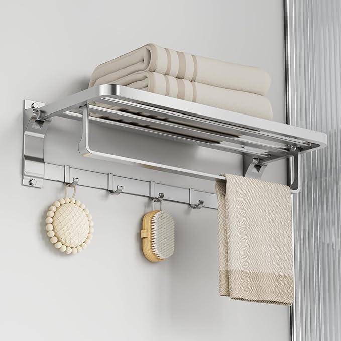 90°Foldable Towel Rack for Bathroom, 23 Inch Wall Mounted Towel Holder with Shelf & 5 Hooks, Rustproof Space Aluminum Towel Bar, Hotel, Kitchen, Laundry, Silver