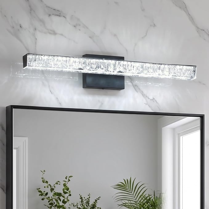 Black Vanity Lights for Bathroom, 24 Inch Modern Bathroom Light Fixtures Over Mirror, Iceberg Crack Acrylic LED Wall Sconce, 5500K Cool White Linear Lighting for Mirror Cabinet, Non-Dimmable