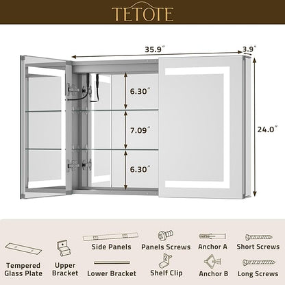 TETOTE LED Lighted Bathroom Medicine Cabinet Mirror with Lights 36 x 24 Recessed or Wall Mounted Cabinet with 2 Door, Tempered Glass, Outlets & USB, 3-Color Stepless Dimming, Defog, Adjustable Shelf