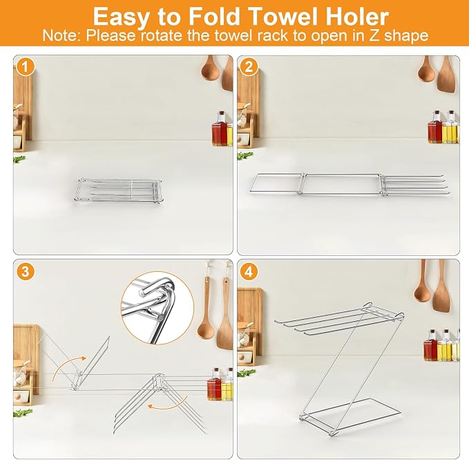 Kitchen Towel Holder Stand, 4-Arm Dish Towel Holder Countertop Towel Drying Rack for Bathroom, Free Standing Hand Towel Stand Washcloth Dish Cloth Drying Rack, Z-Shaped Folding Hanging Towel Bar Stand