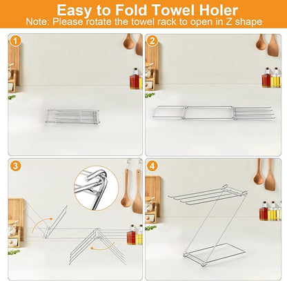 Kitchen Towel Holder Stand, 4-Arm Dish Towel Holder Countertop Towel Drying Rack for Bathroom, Free Standing Hand Towel Stand Washcloth Dish Cloth Drying Rack, Z-Shaped Folding Hanging Towel Bar Stand