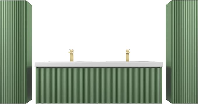 Blossom 60 Inch Double Sink Bathroom Vanity with Side Cabinets, All Wood Wall Mounted Floating Bathroom Vanity Cabinet with Acrylic Sinks, Soft-Close Drawers, Bathroom Vanities, Aventurine Green
