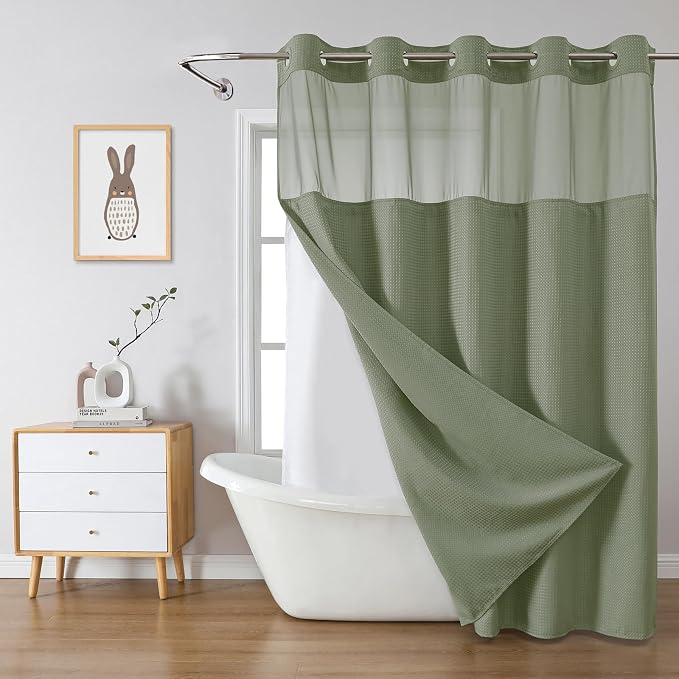 No Hook Waffle Shower Curtain with Snap-in Liner, 71x80 Inch, Sage Green | 230 GSM waffle weave fabric, waterproof liner set with 2 bottom magnets, mesh top window, washable, for bathroom or hotel use