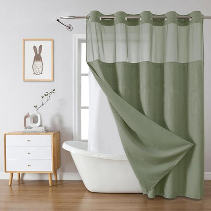 No Hook Waffle Shower Curtain with Snap-in Liner, 71x80 Inch, Sage Green | 230 GSM waffle weave fabric, waterproof liner set with 2 bottom magnets, mesh top window, washable, for bathroom or hotel use