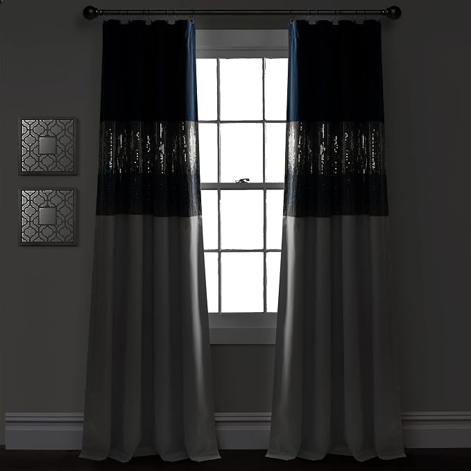 Lush Decor Night Sky 100% Blackout Window Curtain Panel Single 42"W x 84"L, Navy & White - Blackout Curtains For Bedroom - Sequin Curtains - Glam Decor