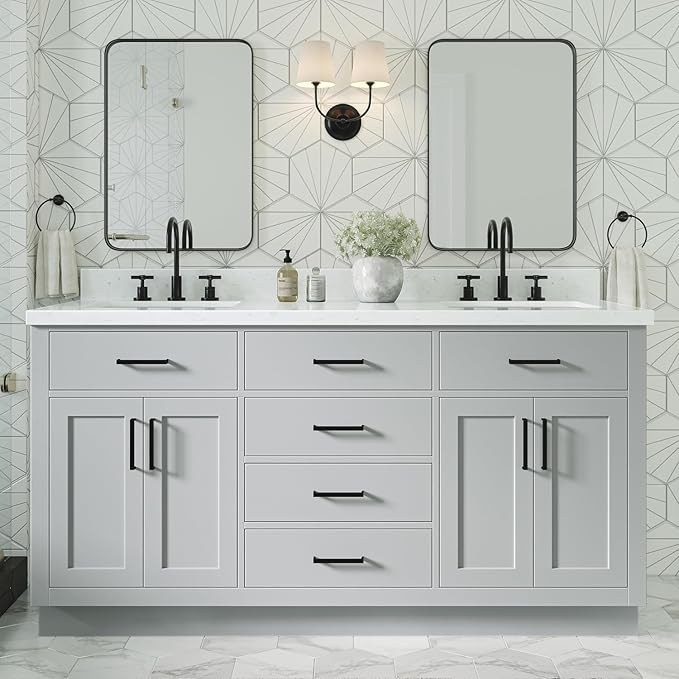 ARIEL Hepburn 66-inch Bathroom Vanity with Sink,Solid Wood, 1.5-inch Carrara White Quartz Countertop & Backsplash, Double Rectangular Porcelain Sink, 4 Soft Closing Doors, 6 Dovetail Drawers, Grey