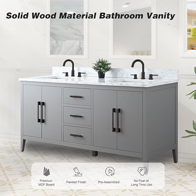 HomeBeyond 72 Inch Bathroom Vanity with Sink & Ceramic Top, Double Vanity Cabinet with Basin, Soft-Closing Doors & Matte Black Hardware, Grey