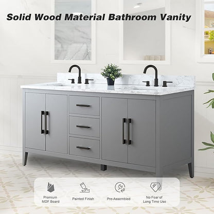 HomeBeyond 72 Inch Bathroom Vanity with Sink & Ceramic Top, Double Vanity Cabinet with Basin, Soft-Closing Doors & Matte Black Hardware, Grey