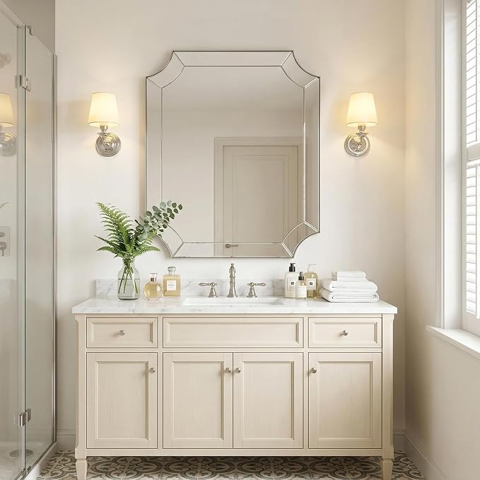 30x36 Inch Brushed Nickel Bathroom Mirror, Scalloped Mirror for Bathroom, Modern Silver Mirror with Elegant Curved Scallop Design, Anti-Rust Stainless Steel Frame, Ideal for Home Remodel