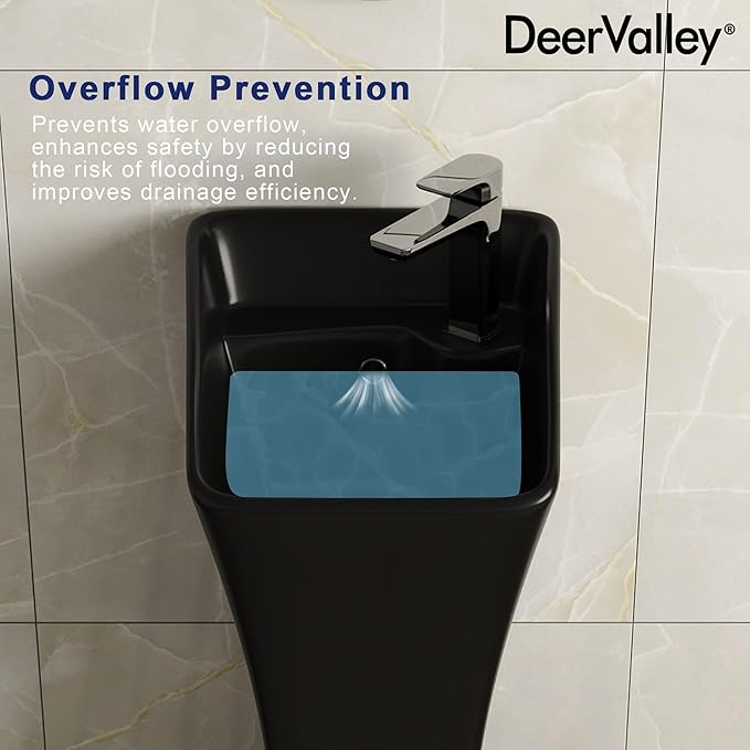 DeerValley Horizon Bathroom Pedestal Sink, 11"L x 13"W x 35"H Small Pedestal Sink, Ceramic One Piece Bath Sink with Overflow and Pre-Drilled Hole, Freestanding Modern Sink in Black, DV-1P529B