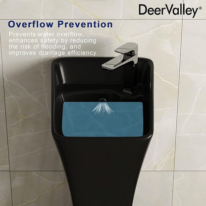 DeerValley Horizon Bathroom Pedestal Sink, 11"L x 13"W x 35"H Small Pedestal Sink, Ceramic One Piece Bath Sink with Overflow and Pre-Drilled Hole, Freestanding Modern Sink in Black, DV-1P529B