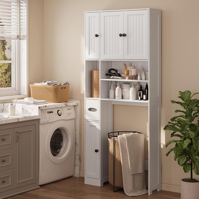 Ahomly Over The Toilet Storage Cabinet, with Five Doors, White | Over Toilet Bathroom Organizer with Adjustable Shelves, Above Toilet Storage Cabinet for Bathroom, Restroom, Laundry