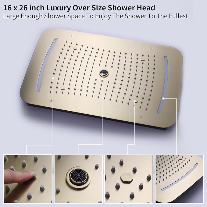 3 Functions Shower Head System Brushed Gold Shower Faucet Set | 16X26 inch Ceiling Shower, 6 Body Jet, Handheld Shower, Temperature Display, 5 Functions Can All Run Together