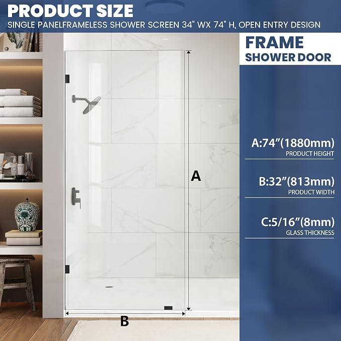 Bathroom Shower Glass Door 32 * 74" - 5/16"(8mm) Thick Clear Tempered Glass Panel, Fixed Hinged Framless Shower Glass Door with Clamps, Matte Black
