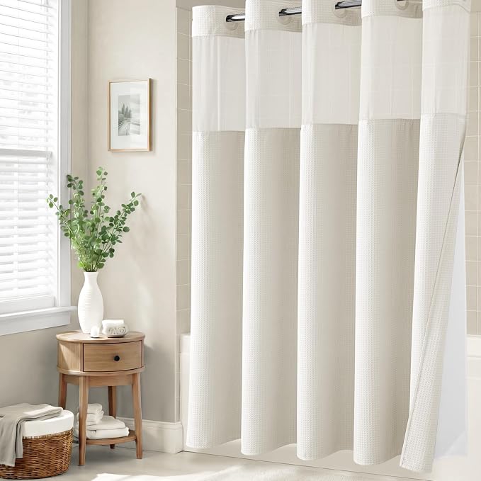 Ivory Hook Free Waffle Shower Curtain & Snap-in Fabric Liner,72x99 | Less Time to install, 3 in 1 Fabric Shower Curtain and Liner Set with Magnets, Extra Long, Shower Curtains for Bathroom