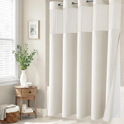 Ivory Hook Free Waffle Shower Curtain & Snap-in Fabric Liner,72x99 | Less Time to install, 3 in 1 Fabric Shower Curtain and Liner Set with Magnets, Extra Long, Shower Curtains for Bathroom
