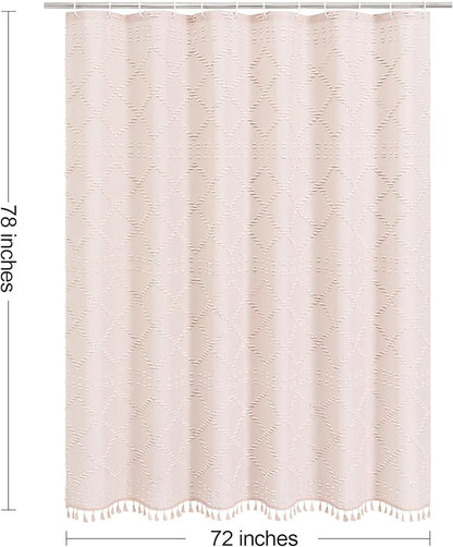 Light Pink Boho Fabric Shower Curtain with Tassel 72x78, Tufted Textured | Modern Farmhouse Curtain for Bathroom, Long Bathroom Curtain, Minimalist Decor, Waterproof