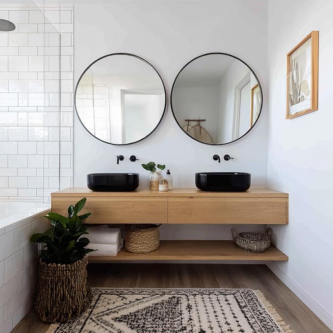 Black Bathroom Mirror 30 inch, 2 Pack Wall Mirror,Matte Metal Frame | High Definition Mirror, Easy Installation, Circular Mirrors for Living room Cloakroom, Hallway, Bathroom