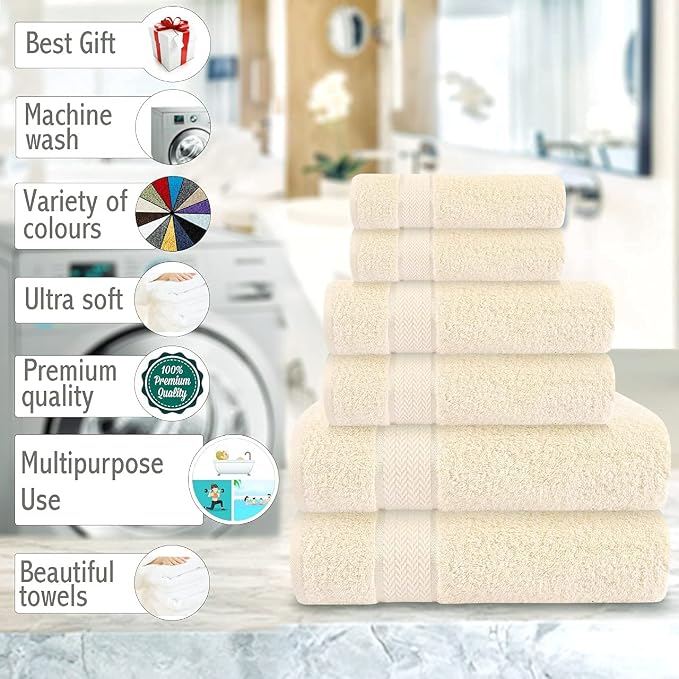 6 Piece 100% Cotton Bath Towel Set -2 Bath 2 Hand 2 Face, Cream | 100% Cotton • Thick & Plush • Hotel Quality • Ultra Soft • Highly Absorbent • Quick Dry • Low Lint • Machine Washable