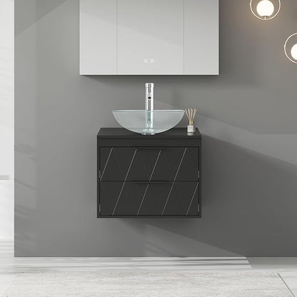 eclife 24" Floating Bathroom Vanities with Sink Combo, Wall Mounted Modern Cabinet W/Diamond Line Pattern Design, Clear Round Glass Vessel Sink W/Water Save Faucet & Pop Up Drain, Black
