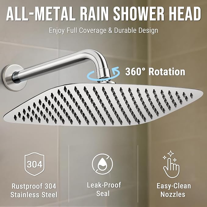 G-Promise All Metal 16 Inch Large Rain Shower Head for Ceiling or Wall | Built to Last, Rust Resistant 304 Stainless Steel, Easy to Install, Full Body Coverage Rainfall Shower Head, Daily SPA