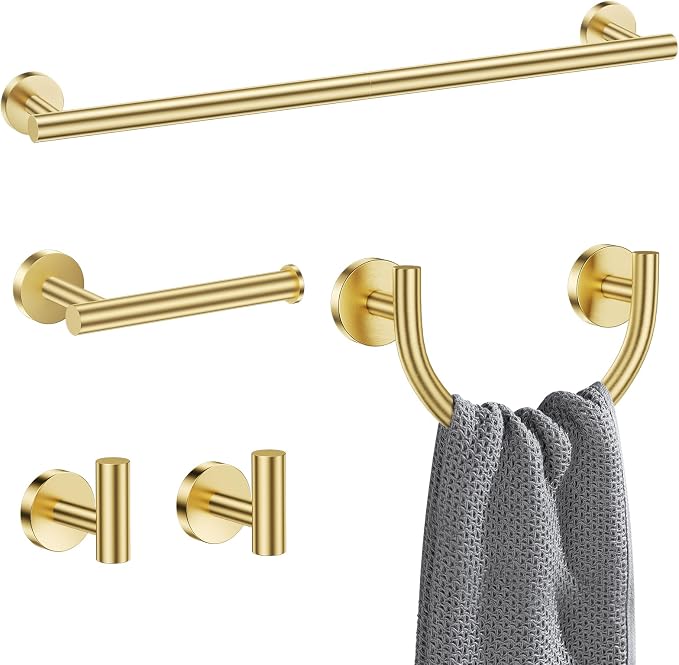 5-Piece Bathroom Hardware Accessories Set,Brushed Gold Towel Bar Set with Smiley Face Towel Rings, Stainless Steel Wall-Mounted Towel Holder Set for Bathroom,23.6 Inch