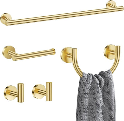 5-Piece Bathroom Hardware Accessories Set,Brushed Gold Towel Bar Set with Smiley Face Towel Rings, Stainless Steel Wall-Mounted Towel Holder Set for Bathroom,23.6 Inch