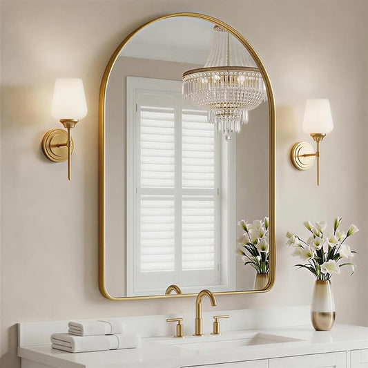 Arched Bathroom Mirror - 38x26 Inch Gold Bathroom Mirror for Wall - Aluminum Alloy Framed Mirror - Arched Top Bathroom Vanity Mirror for Living Room, Bedroom, Mantel, Entryway, and Hallways
