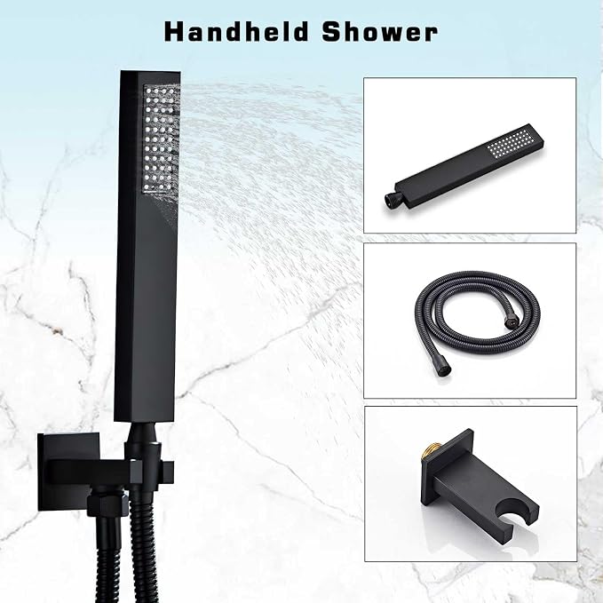 12 Inch Shower Faucet Set,Matte Black Shower System With Handheld | Square Shower Head with Shower Trim Kit And Handheld Shower Valve,Multi-function Rainfall,Rain Shower & Handheld Spray Combo