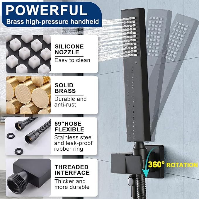 Black Thermostatic Shower System with 14x20 Inch Ceiling Mount LED Head & 6 Inch Wall Head and Handheld Shower 4 Function Vale with body jets, Matte Black
