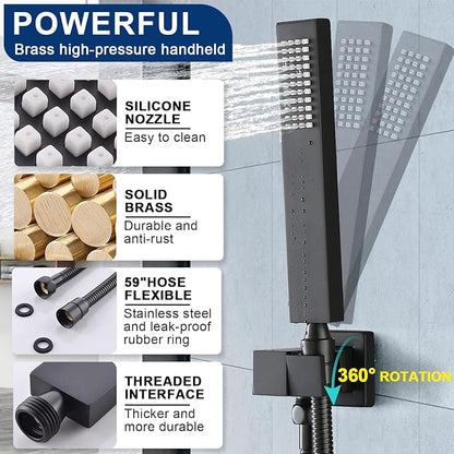 Black Thermostatic Shower System with 14x20 Inch Ceiling Mount LED Head & 6 Inch Wall Head and Handheld Shower 4 Function Vale with body jets, Matte Black
