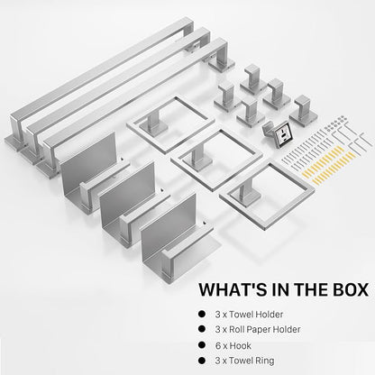 15-Piece 23.6 Inch Brushed Nickel Bathroom Hardware Accessories Set | Stainless Steel Bath Extended Towel Bar, Toilet Paper Holder with Shelf, Towel Hooks, Square Towel Ring Wall Mounted