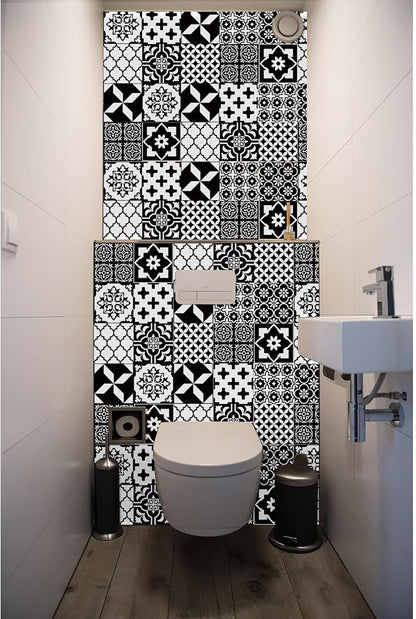 Easy Peel Stick Vinyl wall Tile Decals 6x6in Stick on backsplash,12Pc | Waterproof&heat resistant tile stickers for kitchen RV laundry backsplash decor,remove no damaging,black white tile