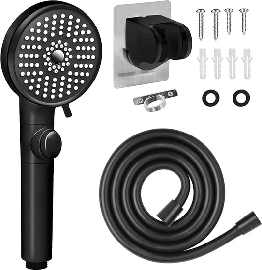 FOCSPROD RV Shower Head with Hose, High Pressure 5 Mode Shower Head Replacement, Handheld Showerhead for RV/Campers, Travel Trailer for Water Saving, Showerheads Holder and Hose, On Off Switch, Black