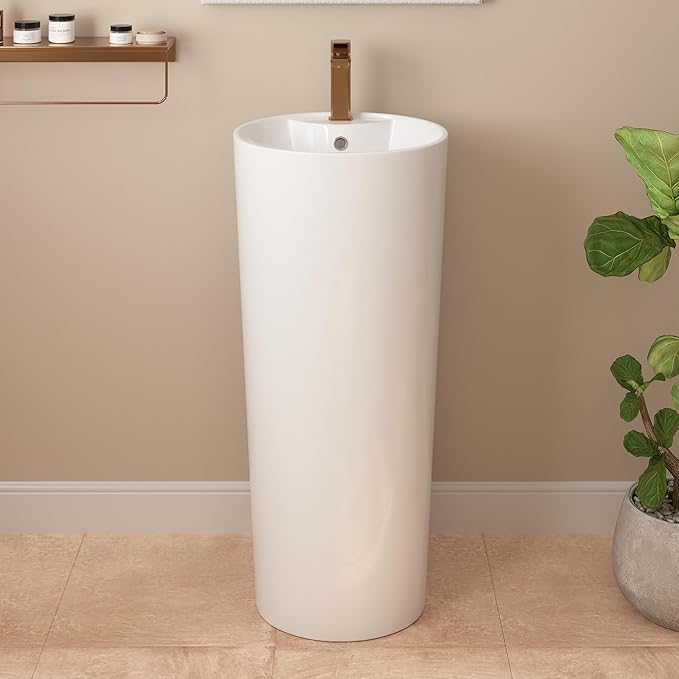 DeerValley Apex 15x15 Inch Circular Pedestal Sink, White Ceramic Bathroom Sink with Overflow, DV-1P527