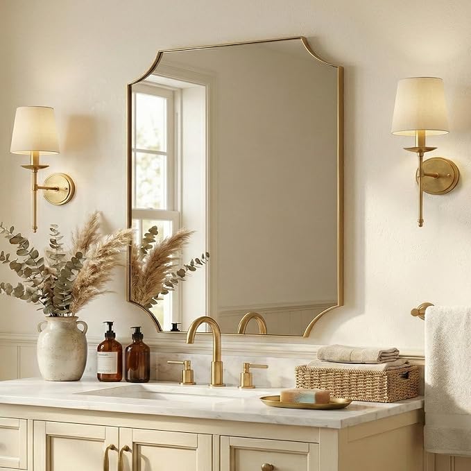 Scalloped 32"x40" Brushed Gold Wall Mirror | Rustproof Stainless Steel Frame, Elegant Scalloped Edges, Horizontal & Vertical Mount, Antique Luxury Bathroom Decor