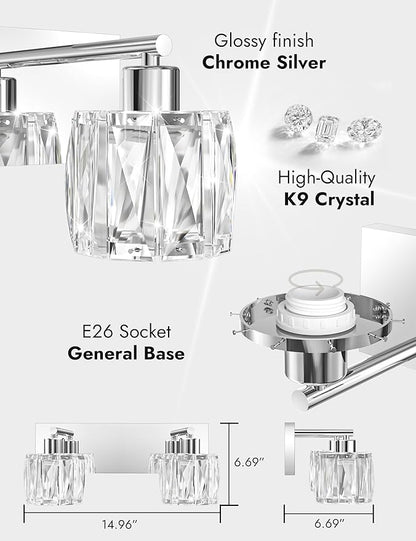 VOLISUN Crystal Vanity Lights - 2 Light Modern Stainless Steel Bathroom Light Over Mirror, Chrome Finish - UL Certificated (Exclude Bulb)