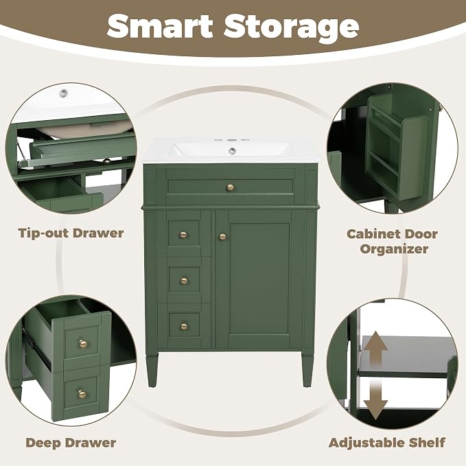 Merax 24 Inch Bathroom Vanity with Ceramic Sink, Solid Wood Frame Modern Bathroom Sink Storage Cabinet with 2 Drawers and a Tip-Out Drawer, Single Sink Bathroom Vanities, Green