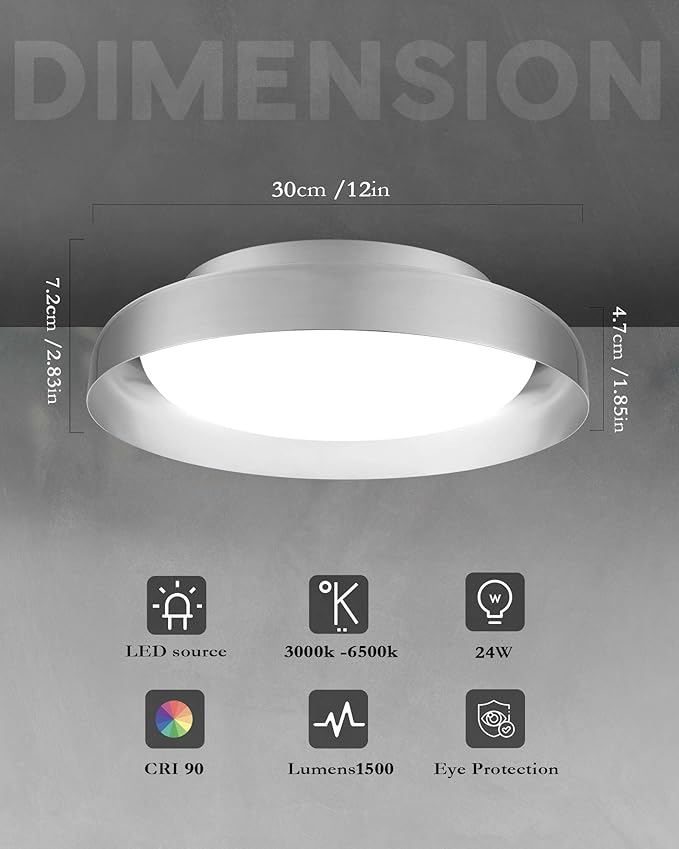 Ken & Ricky Flush Mount Ceiling Light Fixture, Led Dimmable 24w for Bedroom Kitchen Bathroom Laundry Hallway Entryway,Remote Control (Brushed Nickel,12Inch,1PK)