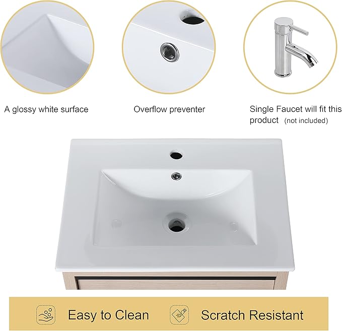 Malwee 24" Floating Bathroom Vanity with Sink, 24 Inch Single Sink Wall Mounted Bathroom Vanity Combo, with 2 Drawers and White Ceramic Basin Top, Bath Wall-Hung Cabinet Set with Storage.MA02524PLO