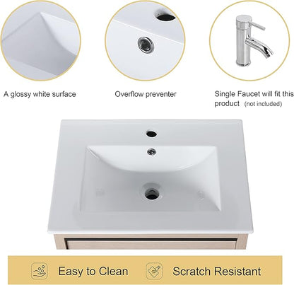Malwee 24" Floating Bathroom Vanity with Sink, 24 Inch Single Sink Wall Mounted Bathroom Vanity Combo, with 2 Drawers and White Ceramic Basin Top, Bath Wall-Hung Cabinet Set with Storage.MA02524PLO