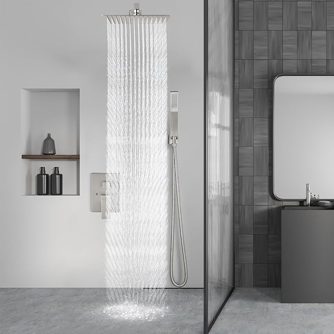 Aolemi Shower Faucet Set Rain Shower System with Handheld Spray Bathroom Shower Combo Rough-in Valve and Shower Trim Kit Included Brushed Nickel 12 Inch Wall Mount Shower Head