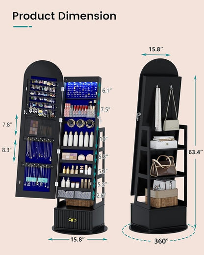 Vlsrka Arched LED Mirror Jewelry Cabinet with Full Length Mirror, Black | Lockable Jewelry Armoire Cabinet, 360° Swivel Jewelry Organizer with Drawer Storage, Foldable Makeup Shelf, 2 Rear Hooks
